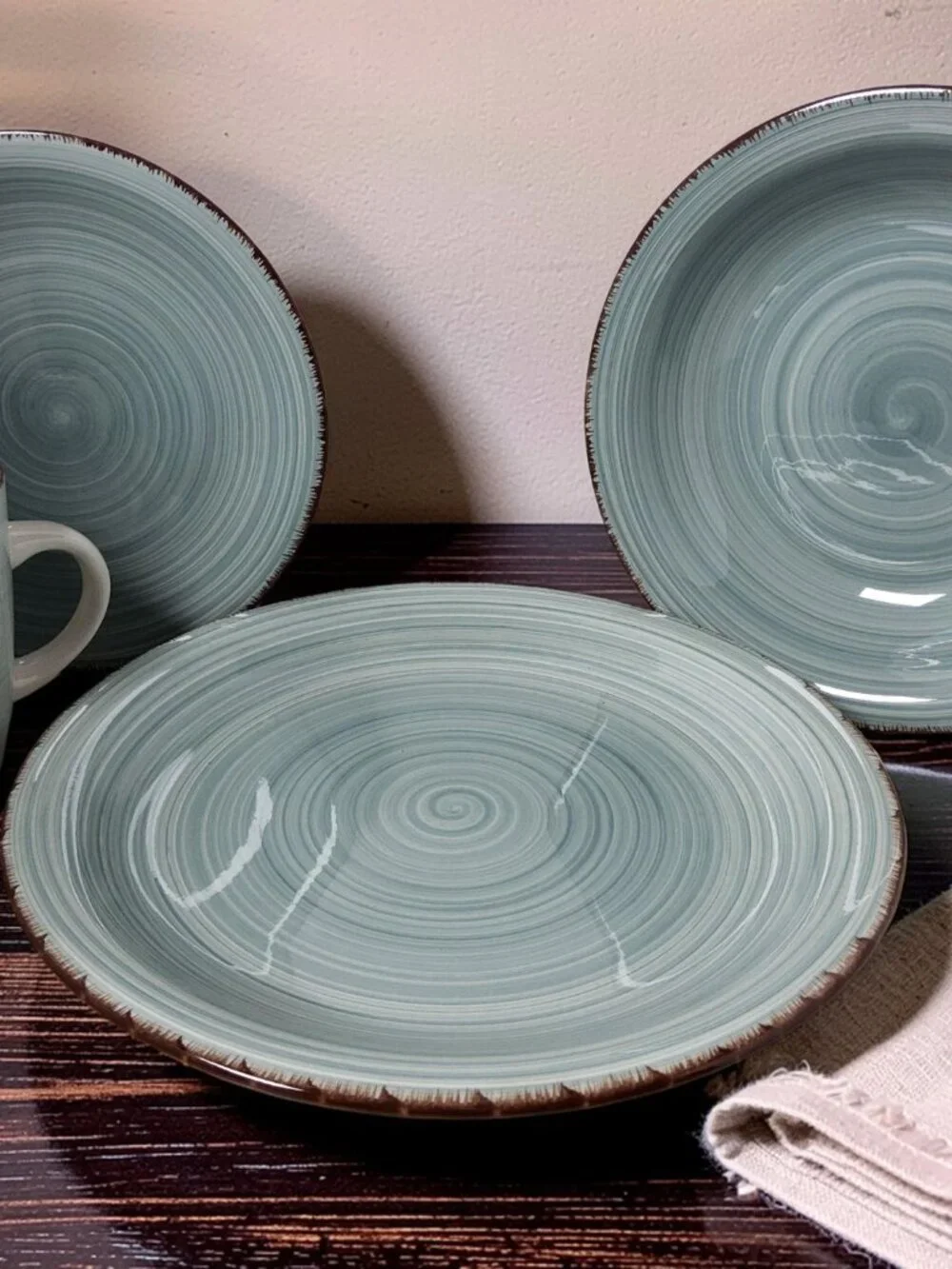 Vintage Royal Norfolk 1980s aqua swirl pattern Brown Edges 4pc. setting ceramic